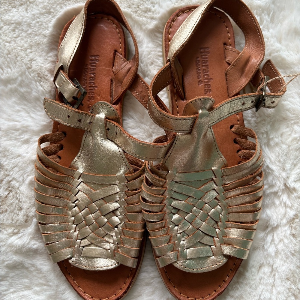 Metallic Gold Woven Leather Sandals - Women